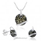 Komplet biżuterii srebrnej z bursztynem zielonym