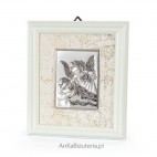 Niewykle subtelny obrazek srebrny w ramce - Aniołek z latarenką nad małym Aniołkiem :) GRAWER