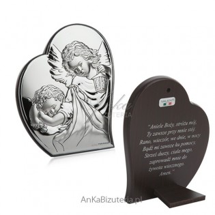 Obrazek srebrny Aniołek w sercu 9 cm*10,7cm Modlitwa "Aniele Boży..""