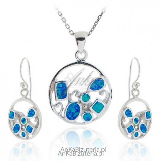 Komplet biżuterii srebrny z niebieskim opalem