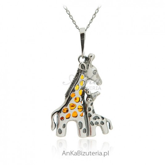 Biżuteria z bursztynem -Srebrna zawieszka Żyrafy