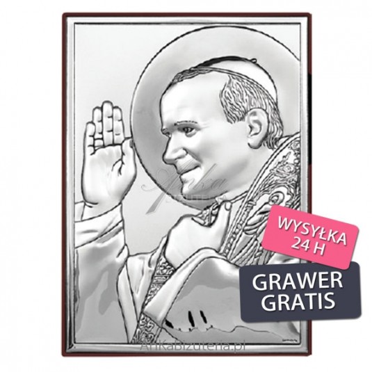 Pamiątka komunijna Papież Jan Paweł II - błogosławiący. Srebrny obrazek GRAWER