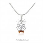 Komplet biżuteria srebrna z bursztynem - Kwiat lotosu