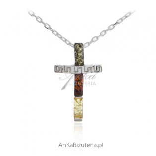 Krzyżyk srebrny z kolorowym bursztynem - bursztyn bałtycki