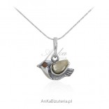 Biżuteria srebrna - WRÓBELEK -naszyjnik srebrny z bursztynem