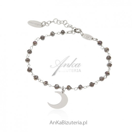 Bransoletka srebrna z szarymi kryształkami i księżycem - Biżuteria włoska