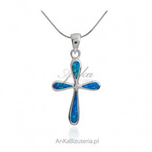 Krzyżyk srebrny z niebieskim opalem australijskim