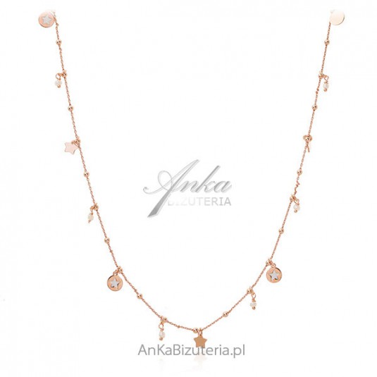 Długi naszyjnik srebrny pozłacany różowym złotem z gwiazdkami i perełkami