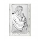 Obrazek srebrny Jezus tulący dziecko na białym drewnie 11,5 cm*17,5 cm