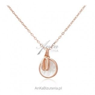 Naszyjnik srebrny pozłacany różowym złotem z białą masą perłową