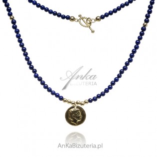Naszyjnik srebrny pozłacany MEDALION z granatowym lapis lazuli