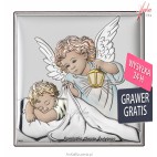 Aniołek nad dzieckiem z latarenką - obrazek srebrny kolorowy v11 cm/11 cm