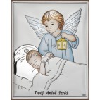 Aniołek z latarenką nad dzieciątkiem - obrazek srebrny 10 cm*14 cm