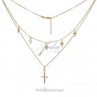 Modna biżuteria ze srebra - naszyjnik srebrny pozłacany podwójny krzyżyki