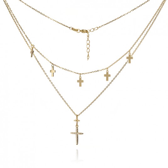 Modna biżuteria ze srebra - naszyjnik srebrny pozłacany podwójny krzyżyki