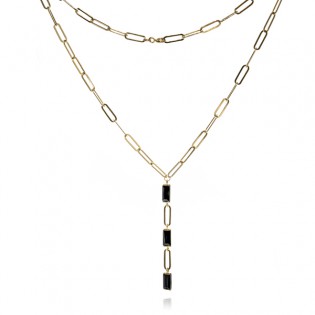 Naszyjnik srebrny pozłacany z czarną cyrkonią na łańcuszku rolo fleat