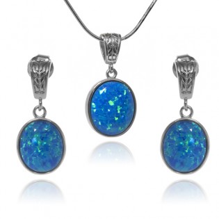 Komplet biżuteria srebrna z niebieskim opalem owalny