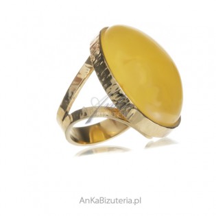 Pierścionek srebrny pozłacany z żółtym bursztynem PIĘKNY UNIKAT