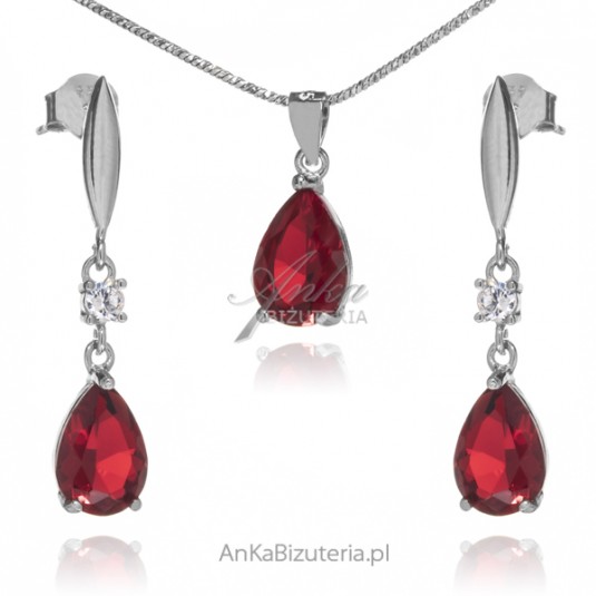 Elegancka biżuteria srebrna komplet z kryształami w kolorze czerwonego wina