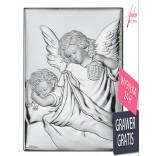 Srebrny obrazek Aniołek z latarenką nad dzieckiem 7* 9 cm - z modlitwą z tyłu obrazka