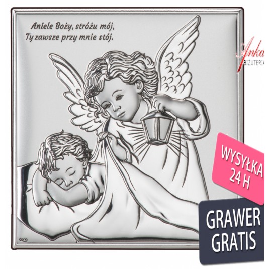 Obrazek srebrny Aniołek nad dzieciątkiem 7*7 cm - "Aniele Bozy stróżu mój.."