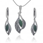 Komplet biżuteria srebrna LISTEK z zielonym kamieniem malachitem