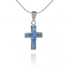 Krzyżyk srebrny z niebieskim opalem