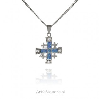 Krzyżyk srebrny jerozolimski z niebieskim opalem