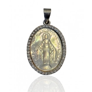 Srebrny medalik z masą perłową i białymi cyrkoniami Matka Boska Cudowna