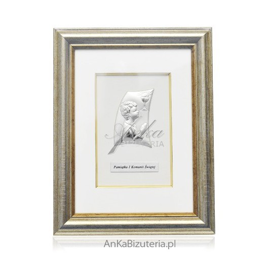 Pamiątka I Komunii Świętej - Srebrny obrazek w ramce- dla chłopca